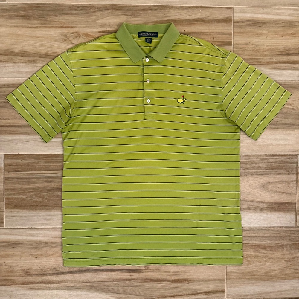 Amen Corner Masters Polo Shirt Mens Large Lime Green Striped Pima Cotton Golf